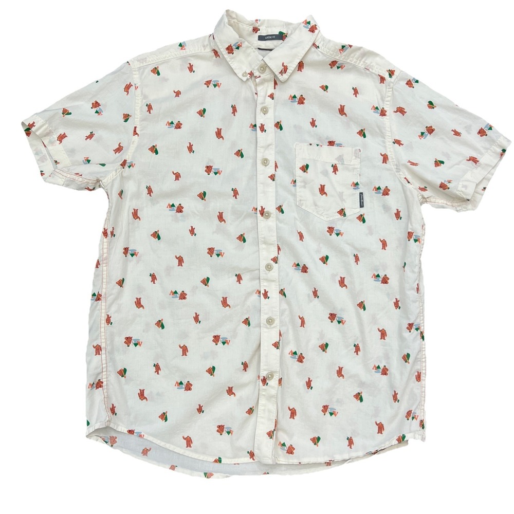 Eddie Bauer Mens Bigfoot Button Up Shirt L Ivory Cotton Sasquatch Print - Picture 2 of 8